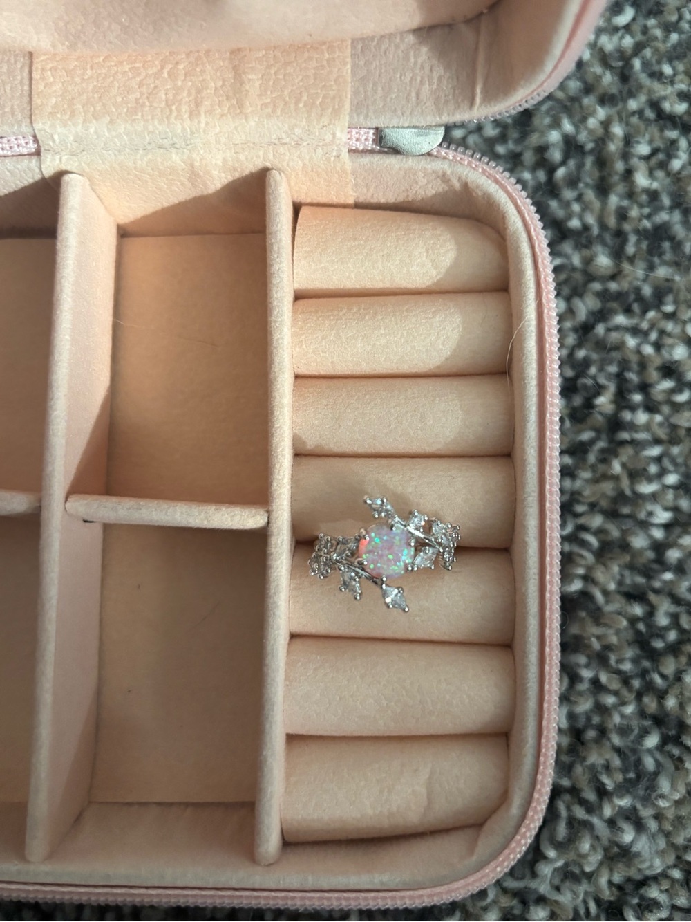 Silver Opal Leaf Ring - Pink Opalescent Accent